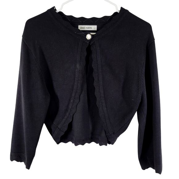 Grace Karin Sweaters - Grace Karin Knit Bolero Cardigan Womens Large Black Button Scalloped Shrug
